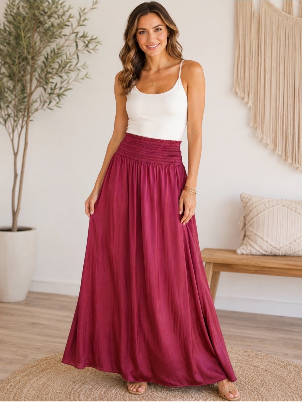 Kori Burgundy Satin Feel Maxi Skirt Size L Smocked Waist Flowy Boho
